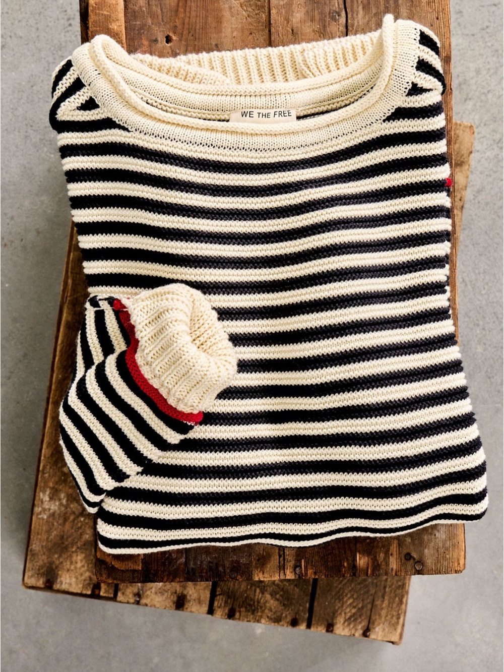 We The Free Cream & Black Striped oversized comfy cozy Sweater with Red Accent